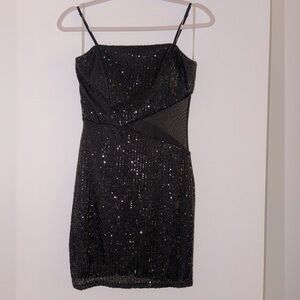 Trixxi Black Sequin Tank Dress with Mesh Cut Out